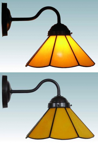 Wall lamp,brown wall bracket,socket E14,max. 60 Watt,shade diameter ca. 21 cm,stained glass,sunflower yellow,opalescent,item number 70038003 b,manufactured in our own atelier.Carmen Harusta,Glasinsel ®,Goettingen,Germany.