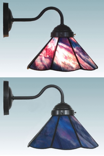 Wall lamp,brown wall bracket,socket E14,max. 60 Watt,shade diameter ca. 21cm,stained glass,blue,violet,opalescent,item number 70038003 c,manufactured in our own atelier.Carmen Harusta,Glasinsel ®,Goettingen,Germany.