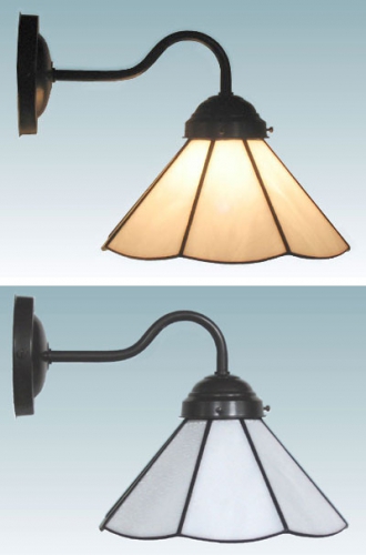 Wall lamp,brown wall bracket,socket E14,max. 60 Watt,shade diameter ca. 21 cm,stained glass,white,opalescent,item number 70038003 e,manufactured in our own atelier.Carmen Harusta,Glasinsel ®,Goettingen,Germany.
