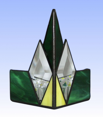 Tea light holder,stained glass,tiffany technique,green,yellow,with diamond bevels,height ca. 14,5 cm,manufactured in our own atelier,item number 10028-G.Carmen Harusta,Glasinsel ®,Goettingen,Germany.