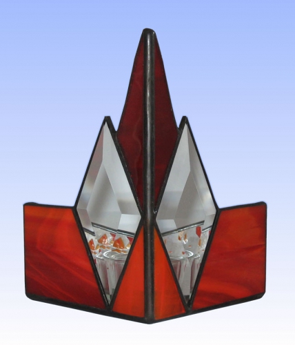 Tea light holder,stained glass,tiffany technique,red,orange,with diamond bevels,height ca. 14,5 cm,manufactured in our own atelier,item number 10028-R.Carmen Harusta,Glasinsel ®,Goettingen,Germany.