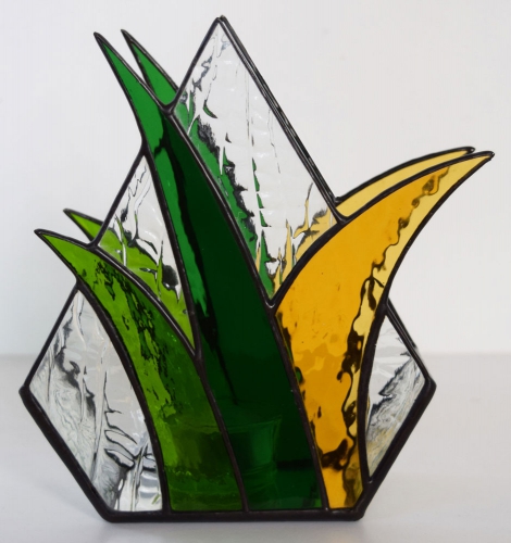 Tea light holder,stained glass,tiffany technique,green,light green,light amber,height ca. 16,5 cm,manufactured in our own atelier,item number 10048-A.Carmen Harusta,Glasinsel ®,Goettingen,Germany.