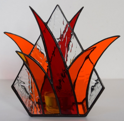 Tea light holder,stained glass,tiffany technique,red,orange,amber,height ca. 16,5 cm,manufactured in our own atelier,item number 10048-B.Carmen Harusta,Glasinsel ®,Goettingen,Germany.