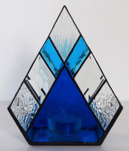 Tea light holder,stained glass,tiffany technique,dark turquoise blue,turquoise blue,height ca. 16,5 cm,manufactured in our own atelier,item number 10050.Carmen Harusta,Glasinsel ®,Goettingen,Germany.