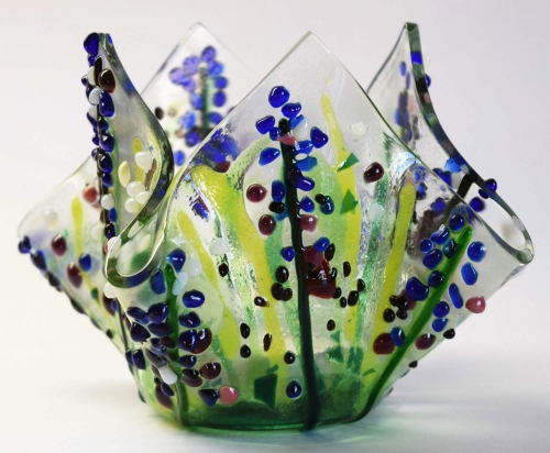 Glass tea light holder,dark green,green,light green,dark blue,white,violet and pink on clear,diameter ca. 10 cm,height ca. 15 cm,item number FW3,manufactured in our own studio.Carmen Harusta,Glasinsel ®,Goettingen,Germany.(image 2).