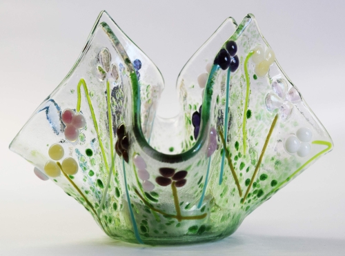 Glass tea light holder,green.light green,turquoise green,pink,dark lilac,white on clear,height ca. 10 cm,diameter ca. 15 cm,manufactured in our own studio,item number FW10.Carmen Harusta,Glasinsel ®,Göttingen,Germany. (image 2).