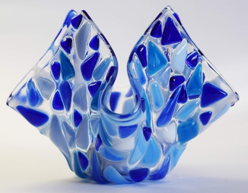Glass tea light holder,dark blue,blue,light blue,turquoise blue,white on clear,height ca. 10 cm,diameter ca. 15 cm,manufactured in our own studio,item number FW11.Carmen Harusta,Glasinsel ®,Göttingen,Germany. (image 2).