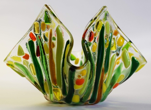 Glass tea light holder,dark green,green,light green,yellow,orange,amber on clear,height ca. 10 cm,diameter ca. 15 cm,manufactured in our own studio,item number FW13.Carmen Harusta,Glasinsel ®,Göttingen,Germany. (image 2).
