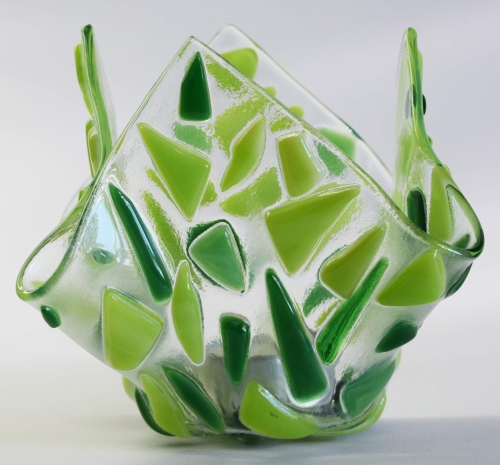 Glass tea light holder,spring green and green on clear,height ca. 10 cm,diameter ca. 15 cm,manufactured in our own studio,item number FW18.Carmen Harusta,Glasinsel ®,Göttingen,Germany. (image 1).