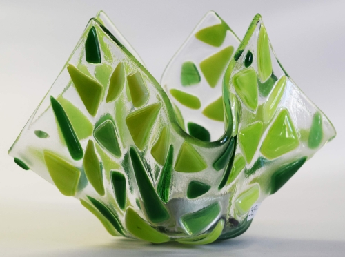 Glass tea light holder,spring green and green on clear,height ca. 10 cm,diameter ca. 15 cm,manufactured in our own studio,item number FW18.Carmen Harusta,Glasinsel ®,Göttingen,Germany. (image 2).