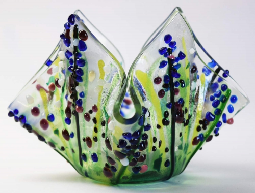 Glass tea light holder,dark green,green,light green,dark blue,white,violet and pink on clear,diameter ca. 10,5 cm,height ca. 15 cm,item number FW3,manufactured in our own studio.Carmen Harusta,Glasinsel ®,Goettingen,Germany.(image 3).