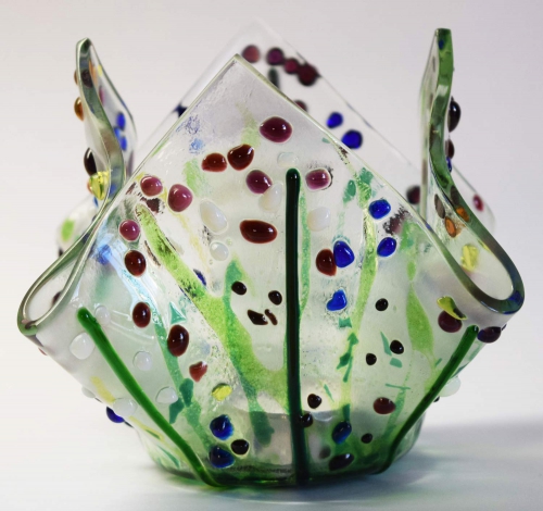 Glass tea light holder,dark green,green,light green,violet,pink,white,blue on clear,diameter 10 cm,height 15 cm,item number FW4,manufactured in our own studio.Carmen Harusta,Glasinsel ®,Goettingen,Germany.(image 1).