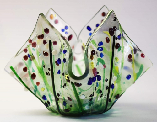 Glass tea light holder,dark green,green,light green,violet,pink,white,blue on clear,diameter 10 cm,height 15 cm,item number FW4,manufactured in our own studio.Carmen Harusta,Glasinsel ®,Goettingen,Germany.(image 2).