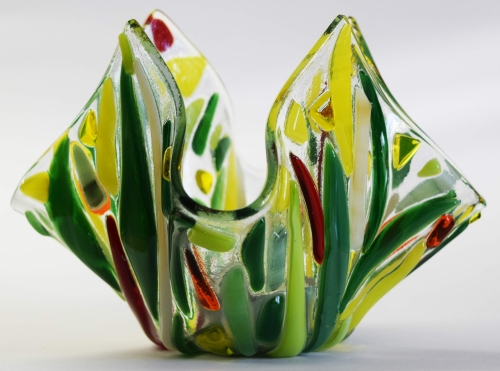 Glass tea light holder,green,light green,yellow,ivory,red,orange on clear,height ca. 10 cm,diameter ca. 15 cm,manufactured in our own studio,item number FW5.Carmen Harusta,Glasinsel ®,Göttingen,Germany. (image 2).