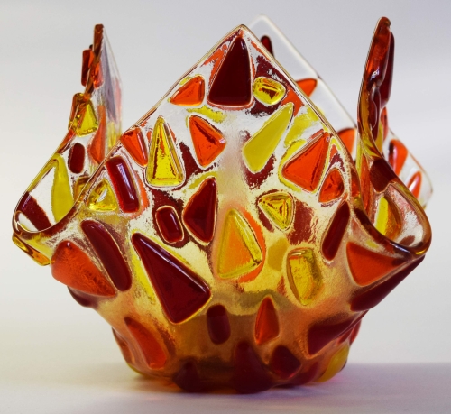 Glass tea light holder,red,orange,yellow on clear,height ca. 10 cm,diameter ca. 15 cm,manufactured in our own studio,item number FW6.Carmen Harusta,Glasinsel ®,Göttingen,Germany. (image 1).