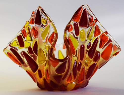 Glass tea light holder,red,orange,yellow on clear,height ca. 10 cm,diameter ca. 15 cm,manufactured in our own studio,item number FW6.Carmen Harusta,Glasinsel ®,Göttingen,Germany. (image 2).