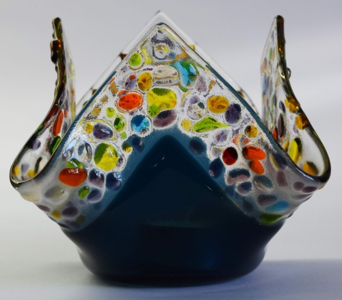 Glass tea light holder,dark turquoise blue,red,amber,lilac,yellow,blue,green,clear on clear,height ca. 10 cm,diameter ca. 15 cm,manufactured in our own studio,item number FW7.Carmen Harusta,Glasinsel ®,Göttingen,Germany. (image 1).