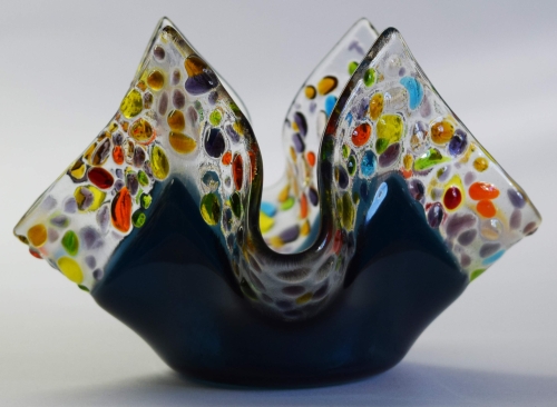 Glass tea light holder,dark turquoise blue,red,amber,lilac,yellow,blue,green,clear on clear,height ca. 10 cm,diameter ca. 15 cm,manufactured in our own studio,item number FW7.Carmen Harusta,Glasinsel ®,Göttingen,Germany. (image 2).