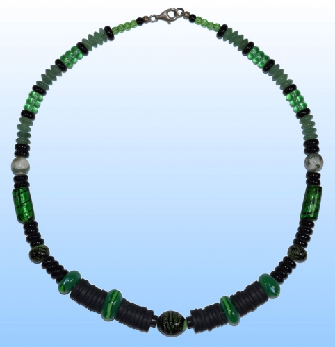 Glass beads necklace " Green and Black ",length ca. 50 cm