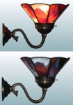 Wandleuchte,Wandfluter mit antikem Wandarm und mit Lampenschirm,Durchmesser ca. 17,5 cm,Tiffany-Glaskunst,rot-braun,weiss,hellgrün,hellorange,Opalescentglas,gekämmt,Artikelnummer 70028001 a.Carmen Harusta,Glasinsel ®,Göttingen,Deutschland.