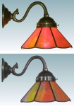 Wandleuchte,antiker Wandarm,Fassung E14,max. 60 Watt,Schirm Durchmesser ca. 17,5 cm,Tiffany-Glaskunst,rot,orange,opalescent,gemottelt,Artikelnummer 70018001 b,gefertigt in unserer eigenen Werkstatt.Carmen Harusta,Glasinsel ®,Göttingen,Deutschland.